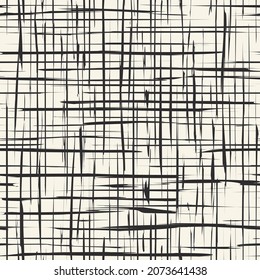 Irregular grungy lines structure. Monochrome grunge ink checkered background. Endless tartan vector. Irish table seamless pattern.