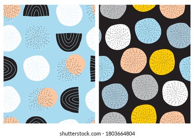 Irregular Hand Drawn Dots,  Arcs and Spots Isolated on a Light Blue and Black Background. Simple Infantile Style Abstract Geometric Print. 
