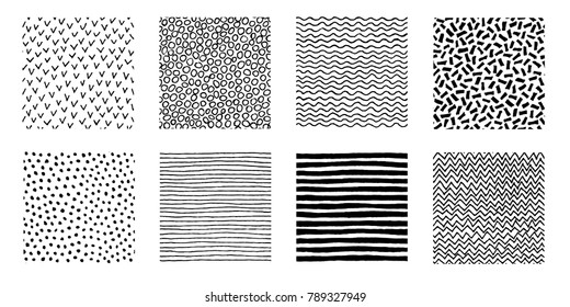 Irregular hand drawn patterns collection. Seamless doodle backgrounds. Striped, dotted, wave, chevron graphic print. Chaotic vector illustration