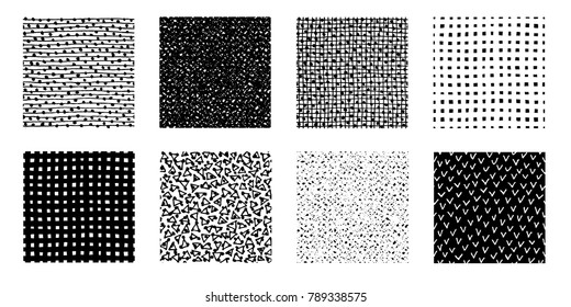 Irregular hand drawn patterns collection. Seamless doodle backgrounds. Striped, dotted graphic print. Chaotic vector illustration