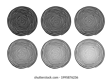 Irregular hand drawn spiral set, with six different line thicknesses. Flat vector drawings isolated on white background, EPS 8.