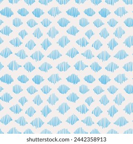 Irregular hand drawn wave pattern. Seamless chaotic doodle background. Bright summer print with teal blue abstract waves from vertical lines on off-white. Fish-like shapes. Vector background
