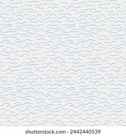 Irregular hand drawn wave pattern. Seamless chaotic doodle background. Bright summer print with teal blue abstract waves from lines on off-white. Fish-like shapes. Vector background
