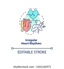 Irregular heart rhythms concept icon. Abnormal heartbeat. Arrhythmia abstract idea thin line illustration. Isolated outline drawing. Editable stroke. Roboto-Medium, Myriad Pro-Bold fonts used