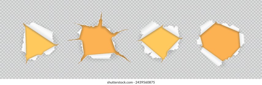 Irregular holes in torn papers over yellow realistic vector illustration set. Borders of ripped up sheets 3d objects on transparent background