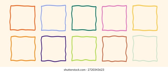 Kit de marco de forma cuadrada ondulada de línea irregular. Paquete de caja de borde curvy de borde en zigzag. Esquema de Ilustración vectorial Doodle