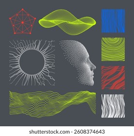 Irregular lines pattern in perspective. Strips similar to threads. Small particles on radial lines diverge from the centre. Sun. Abstract digital wave with dynamic particles. Human face. Vector.
