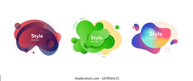Irregular liquid shapes set. Colorful abstract badges with sample text. Trendy minimal templates for presentations, banners, flyers and posters. Vector illustration