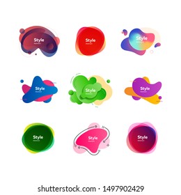Irregular liquid shapes set. Colorful abstract badges with sample text. Trendy minimal templates for presentations, banners, flyers and posters. Vector illustration
