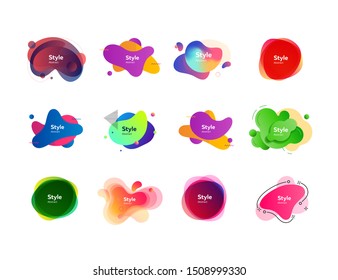 Irregular liquid shapes set. Colorful abstract badges with sample text. Trendy minimal templates for presentations, banners, flyers and posters. Vector illustration