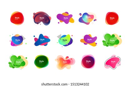 Irregular liquid shapes set. Colorful abstract badges with sample text. Trendy minimal templates for presentations, banners, flyers and posters. Vector illustration