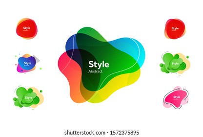 Irregular liquid shapes set. Colorful abstract badges with sample text. Trendy minimal templates for presentations, banners, flyers and posters. Vector illustration
