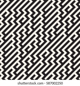 Irregular Maze Shapes Tiling Contemporary Graphic. Abstract Geometric Background Design. Vector Seamless Black and White Pattern.