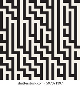 Irregular Maze Shapes Tiling Contemporary Graphic. Abstract Geometric Background Design. Vector Seamless Black and White Pattern.