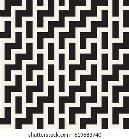 Irregular Maze Shapes Tiling Contemporary Graphic Design. Vector Seamless Black and White Pattern