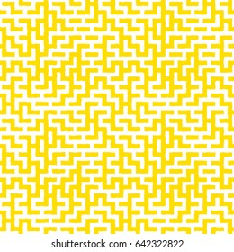Irregular maze shapes tiling contemporary graphic. Abstract geometric background design. Vector seamless yellow and white pattern.