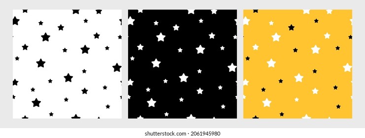 Irregular modern star shapes seamless pattern in three different colours Scandinavian style vector illustration for nursery decor and baby apparel.