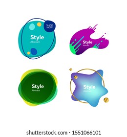 Irregular multicolored abstract elements set. Bright dynamic shapes and lines with sample text. Trendy minimal templates for presentations, banners, apps and web pages. Vector illustration