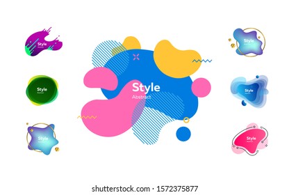Irregular multicolored abstract elements set. Bright dynamic shapes and lines with sample text. Trendy minimal templates for presentations, banners, apps and web pages. Vector illustration