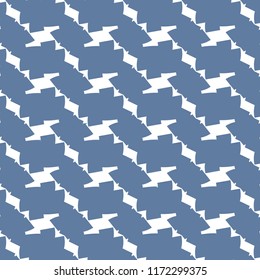 Irregular oblique strips  resulting from the chaining of some abstract geometric shapes. Textile pattern in blue and white. Geometric decorative background. Vector illustration.