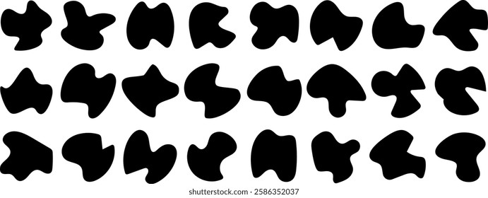 Irregular organic blob shape. Amorphous random black wavy liquid blobs. Set of abstract black organic shaped blobs elements isolated on white background.