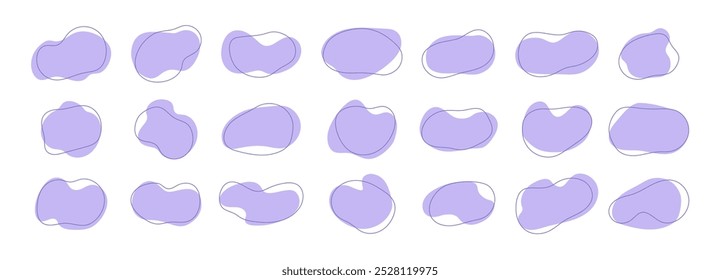 Forma libre orgánica irregular con líneas de colección. Blobs de ameba de color púrpura, Formas simples líquidas, Elementos de pegatinas aleatorias. Vector