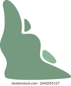An irregular, organic green shape with a pointed tip, capturing the essence of natural forms and movement in an elegant, minimalist design.