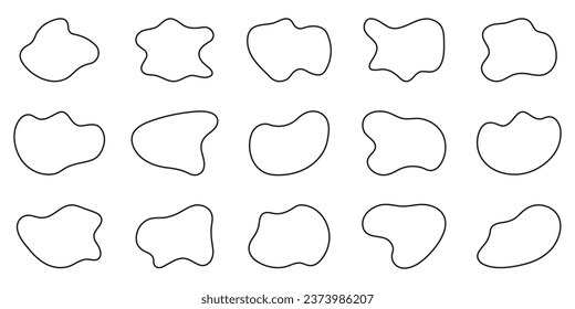 Unregelmäßiger Organischer Line-Set. Asymmetrische Form Blotch. Liquid Random Outline Form. Schwarze Blasen-Kollektion auf weißem Hintergrund. Fluide Amorphous Round Blotch. Einzelne Vektorgrafik.