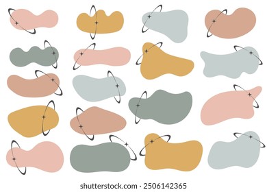 Irregular organic y2k blobs set with orbits. Abstract vector round liquid forms on white background. Random fluid bubbles and simple amoeba wavy splashes. Green stain blots and asymmetric stains.