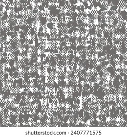 Irregular pattern with black blobs and pixels on a white background. Retro mottled fabric. Grunge texture. Abstract vector seamless.