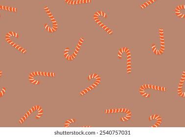 Irregular Pattern Made of Santa's Candy Canes. Cute Seamless Vector Pattern with White-Red Santa's Candy Canes on a Light Brown Background. Repeatable Print with Christmas Tree Sweet Decorations. RGB.