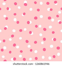 Irregular polka dot. Seamless pattern for girls. Stylish print. Simple vector illustration. White, pink, purple.
