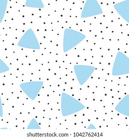 Irregular polka dot and triangles drawn by hand. Modern seamless pattern. Sketch, doodle. Trendy vector illustration.