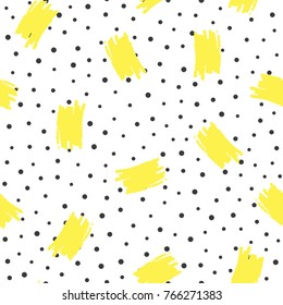 Irregular polka dots and brush strokes. Trendy seamless pattern. Drawn by hand. Grunge, sketch, brushstrokes, watercolour. Vector illustration. White, black, yellow. 