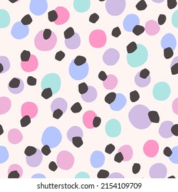 Irregular polka dots seamless pattern in retro style. Hand drawn dots, blobs, spots, blots, circle, brush strokes texture background. Hand drawn vector illustration for kids fabric, textile, wallpaper