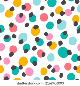 Irregular polka dots seamless pattern in retro style. Hand drawn dots, blobs, spots, blots, circle, brush strokes texture background. Hand drawn vector illustration for kids fabric, textile, wallpaper