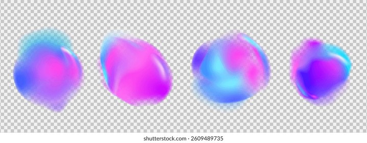 Irregular round gradient shapes set. Vector neon circular organic liquid splashes. Glow bright blobs with translucent forms. Uneven modern y2k figures. Colorful fluorescent spots with gradation.