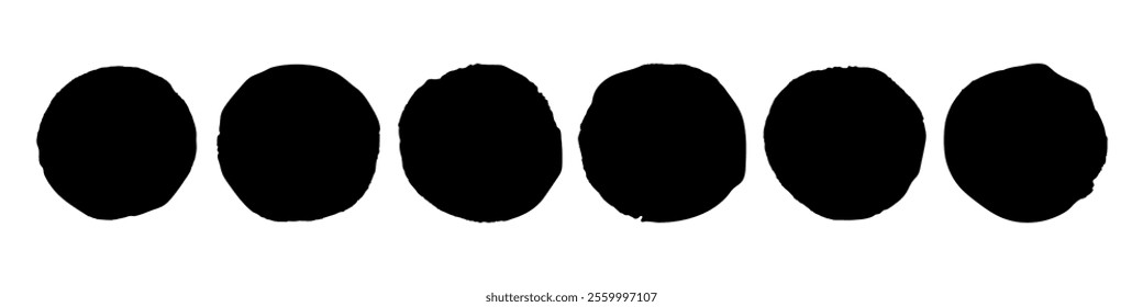 Irregular round shapes. Vector organic shape blobs. Abstract doodle black circles background. Random shaped round button blots. Pebble frame stickers isolated quirky odd icon bg. Uneven childish forms