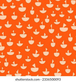 Patrón de repetición irregular del barco de vela sin soldadura. Náutica, vectorial por toda la huella superficial sobre fondo naranja.