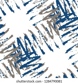 Irregular Scribble Pattern. Hand Drawn Chevron Lines.  Vibrant Vector Seamless Scribble Pattern. Brush Strokes Elements.  Rough Brush Paint Repeat. Watercolor Organic Shapes. Modern Art in Blue