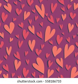 Irregular seamless pattern from pink hearts on violet background, valentine day, love, wedding and romance theme