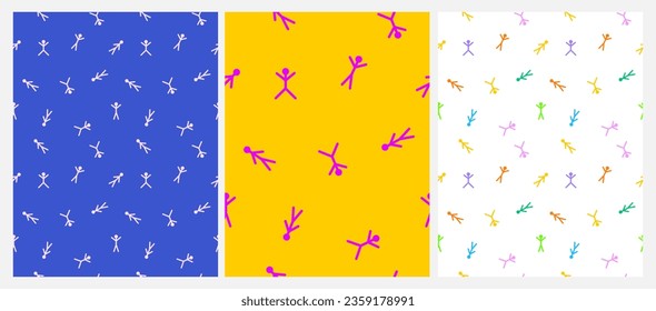 Irregular Seamless Vector Patterns with Abstract Cartoon Human Fugures Isolated on a Blue, Yellow and White Background. Simple Colorful Repeatable Print with Hand Drawn Stick Figures ideal for Fabric.