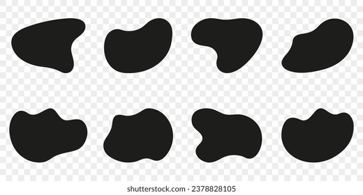 Forma Irregular En Fondo Transparente. Blobs Amorfos Fluidos. Blob Orgánico, Juego de Blotch Negro Aleatorio. Forma de silueta redonda líquida. Colección de burbujas asimétricas. Ilustración de vectores aislados