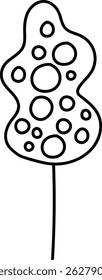 An irregular shape tree with circles forms a whimsical crown on a thin stem.  The simple, outlined drawing depicts a unique plant with a rounded top and a slender base. Cartoon vector illustration