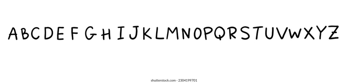 Irregular shapes black english latin abc alphabet font A to Z. Vector illustration in handmade doodle, handwritten doodle style isolated on white background. For wedding invitation, kids book, logo.
