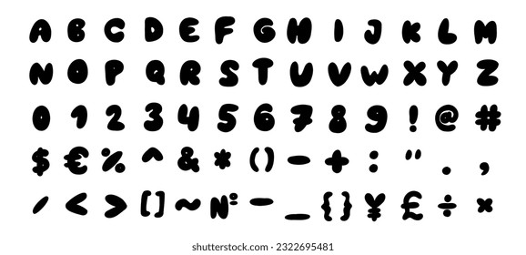Irregular shapes black english latin abc alphabet font with digits and symbols hand drawn A to Z, 0 to 9 set. Vector illustration in doodle style isolated on white background. For learning, design.