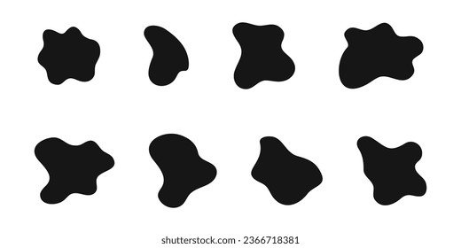 Irregular shapes icons set. Organic blobs, water splotches, liquid ink spots, distorted bubbles textures collection isolated on white background. Amoeba shaped figures. Vector graphic illustration