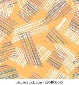 Irregular shapes in stripes abstract seamless pattern.Geometric form in white and pastel colors on  yellow background.Trendy texture for printing on fabric and paper.Vector illustration for design.