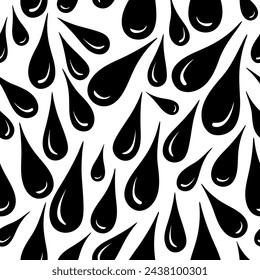 Irregular sized black droplets tightly placed close together over white background. Black and white seamless vector pattern for printing or use in graphic design projects.