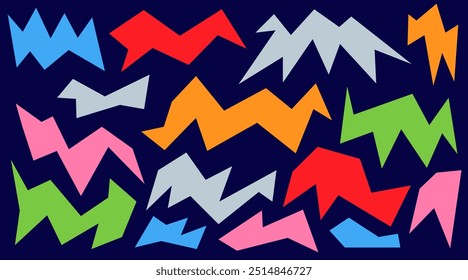 Irregular spikey hand drawn chevron shapes. Set trendy Black cutout paper elements. Stars shapes. Funky groovy sparks simple forms isolated on blue background. Vector illustration.